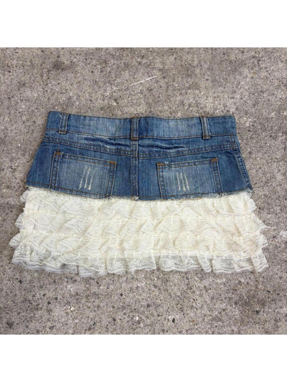 Vintage Y2K Denim Micro Mini Skirt Low Rise Layered Peekaboo Ruffle - Picture 2 of 6